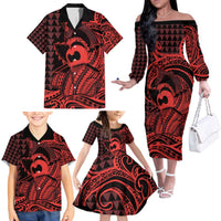 Koa Ikaika Warrior Helmet with Shark Family Matching Off The Shoulder Long Sleeve Dress and Hawaiian Shirt Red Kakau Style LT9 - Polynesian Pride