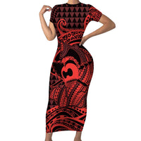 Koa Ikaika Warrior Helmet with Shark Family Matching Short Sleeve Bodycon Dress and Hawaiian Shirt Red Kakau Style