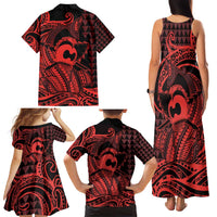 Koa Ikaika Warrior Helmet with Shark Family Matching Tank Maxi Dress and Hawaiian Shirt Red Kakau Style