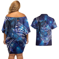 North Island Kokako and South Island Kokako Couples Matching Off Shoulder Short Dress and Hawaiian Shirt New Zealand Native Bird with Galaxy Vibe LT9 - Polynesian Pride