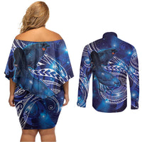 North Island Kokako and South Island Kokako Couples Matching Off Shoulder Short Dress and Long Sleeve Button Shirt New Zealand Native Bird with Galaxy Vibe LT9 - Polynesian Pride