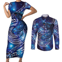 North Island Kokako and South Island Kokako Couples Matching Short Sleeve Bodycon Dress and Long Sleeve Button Shirt New Zealand Native Bird with Galaxy Vibe LT9 Galaxy - Polynesian Pride