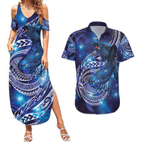 North Island Kokako and South Island Kokako Couples Matching Summer Maxi Dress and Hawaiian Shirt New Zealand Native Bird with Galaxy Vibe LT9 Galaxy - Polynesian Pride