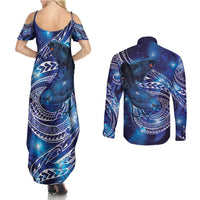North Island Kokako and South Island Kokako Couples Matching Summer Maxi Dress and Long Sleeve Button Shirt New Zealand Native Bird with Galaxy Vibe LT9 - Polynesian Pride