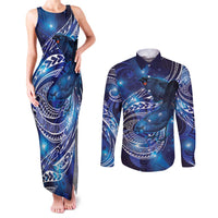 North Island Kokako and South Island Kokako Couples Matching Tank Maxi Dress and Long Sleeve Button Shirt New Zealand Native Bird with Galaxy Vibe LT9 Galaxy - Polynesian Pride
