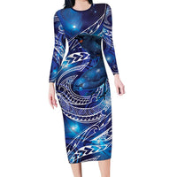 North Island Kokako and South Island Kokako Family Matching Long Sleeve Bodycon Dress and Hawaiian Shirt New Zealand Native Bird with Galaxy Vibe LT9 Mom's Dress Galaxy - Polynesian Pride