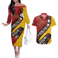 Personalised Niue ANZAC 1915-2026 Filmstrip Couples Matching Off The Shoulder Long Sleeve Dress and Hawaiian Shirt Lest We Forget 25 April LT9 Gold - Polynesian Pride