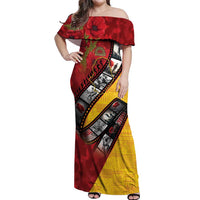 Personalised Niue ANZAC 1915-2026 Filmstrip Off Shoulder Maxi Dress Lest We Forget 25 April