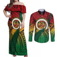 Personalised Vanuatu Yumi 44th Indipendens Dei Couples Matching Off Shoulder Maxi Dress and Long Sleeve Button Shirt Vanuatuan Broad Tusk with Polynesian Tribal LT9 Reggae - Polynesian Pride