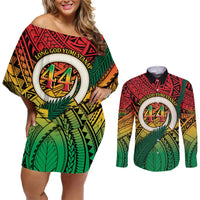Personalised Vanuatu Yumi 44th Indipendens Dei Couples Matching Off Shoulder Short Dress and Long Sleeve Button Shirt Vanuatuan Broad Tusk with Polynesian Tribal LT9 Reggae - Polynesian Pride
