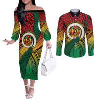 Personalised Vanuatu Yumi 44th Indipendens Dei Couples Matching Off The Shoulder Long Sleeve Dress and Long Sleeve Button Shirt Vanuatuan Broad Tusk with Polynesian Tribal LT9 Reggae - Polynesian Pride