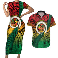 Personalised Vanuatu Yumi 44th Indipendens Dei Couples Matching Short Sleeve Bodycon Dress and Hawaiian Shirt Vanuatuan Broad Tusk with Polynesian Tribal LT9 Reggae - Polynesian Pride