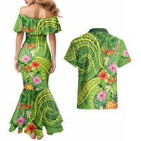 Polynesian Tribal Flower Tattoo Couples Matching Mermaid Dress and Hawaiian Shirt Special Lime Green Vibe LT9 - Polynesian Pride