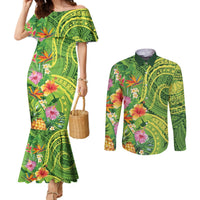 Polynesian Tribal Flower Tattoo Couples Matching Mermaid Dress and Long Sleeve Button Shirt Special Lime Green Vibe LT9 Lime Green - Polynesian Pride