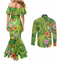 Polynesian Tribal Flower Tattoo Couples Matching Mermaid Dress and Long Sleeve Button Shirt Special Lime Green Vibe LT9 - Polynesian Pride