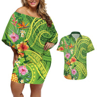 Polynesian Tribal Flower Tattoo Couples Matching Off Shoulder Short Dress and Hawaiian Shirt Special Lime Green Vibe LT9 Lime Green - Polynesian Pride