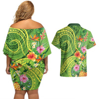 Polynesian Tribal Flower Tattoo Couples Matching Off Shoulder Short Dress and Hawaiian Shirt Special Lime Green Vibe LT9 - Polynesian Pride