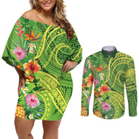 Polynesian Tribal Flower Tattoo Couples Matching Off Shoulder Short Dress and Long Sleeve Button Shirt Special Lime Green Vibe LT9 Lime Green - Polynesian Pride