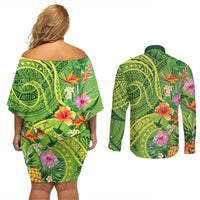 Polynesian Tribal Flower Tattoo Couples Matching Off Shoulder Short Dress and Long Sleeve Button Shirt Special Lime Green Vibe LT9 - Polynesian Pride