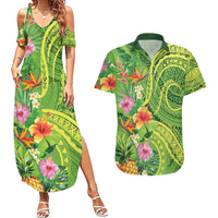Polynesian Tribal Flower Tattoo Couples Matching Summer Maxi Dress and Hawaiian Shirt Special Lime Green Vibe LT9 Lime Green - Polynesian Pride