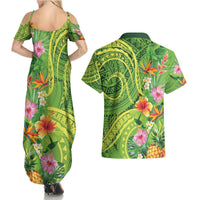 Polynesian Tribal Flower Tattoo Couples Matching Summer Maxi Dress and Hawaiian Shirt Special Lime Green Vibe LT9 - Polynesian Pride