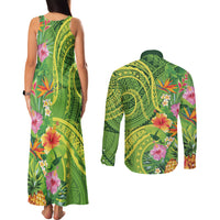 Polynesian Tribal Flower Tattoo Couples Matching Tank Maxi Dress and Long Sleeve Button Shirt Special Lime Green Vibe