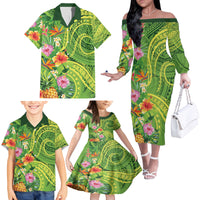 Polynesian Tribal Flower Tattoo Family Matching Off The Shoulder Long Sleeve Dress and Hawaiian Shirt Special Lime Green Vibe