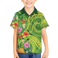 Polynesian Tribal Flower Tattoo Family Matching Off The Shoulder Long Sleeve Dress and Hawaiian Shirt Special Lime Green Vibe