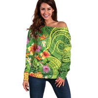 Polynesian Tribal Flower Tattoo Off Shoulder Sweater Special Lime Green Vibe