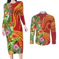 Polynesian Tribal Flower Tattoo Couples Matching Long Sleeve Bodycon Dress and Long Sleeve Button Shirt Special Vermilion Vibe LT9 Brownish-red - Polynesian Pride
