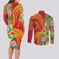 Polynesian Tribal Flower Tattoo Couples Matching Long Sleeve Bodycon Dress and Long Sleeve Button Shirt Special Vermilion Vibe LT9 - Polynesian Pride