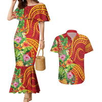Polynesian Tribal Flower Tattoo Couples Matching Mermaid Dress and Hawaiian Shirt Special Vermilion Vibe LT9 Brownish-red - Polynesian Pride