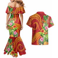 Polynesian Tribal Flower Tattoo Couples Matching Mermaid Dress and Hawaiian Shirt Special Vermilion Vibe LT9 - Polynesian Pride