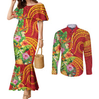 Polynesian Tribal Flower Tattoo Couples Matching Mermaid Dress and Long Sleeve Button Shirt Special Vermilion Vibe LT9 Brownish-red - Polynesian Pride