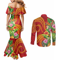 Polynesian Tribal Flower Tattoo Couples Matching Mermaid Dress and Long Sleeve Button Shirt Special Vermilion Vibe LT9 - Polynesian Pride
