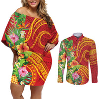 Polynesian Tribal Flower Tattoo Couples Matching Off Shoulder Short Dress and Long Sleeve Button Shirt Special Vermilion Vibe LT9 Brownish-red - Polynesian Pride