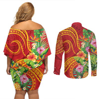 Polynesian Tribal Flower Tattoo Couples Matching Off Shoulder Short Dress and Long Sleeve Button Shirt Special Vermilion Vibe LT9 - Polynesian Pride