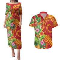 Polynesian Tribal Flower Tattoo Couples Matching Puletasi and Hawaiian Shirt Special Vermilion Vibe LT9 Brownish-red - Polynesian Pride