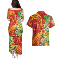 Polynesian Tribal Flower Tattoo Couples Matching Puletasi and Hawaiian Shirt Special Vermilion Vibe LT9 - Polynesian Pride