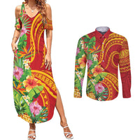 Polynesian Tribal Flower Tattoo Couples Matching Summer Maxi Dress and Long Sleeve Button Shirt Special Vermilion Vibe LT9 Brownish-red - Polynesian Pride