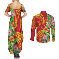 Polynesian Tribal Flower Tattoo Couples Matching Summer Maxi Dress and Long Sleeve Button Shirt Special Vermilion Vibe LT9 - Polynesian Pride