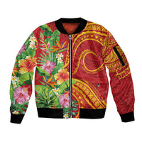 Polynesian Tribal Flower Tattoo Sleeve Zip Bomber Jacket Special Vermilion Vibe LT9 Unisex Brownish-red - Polynesian Pride