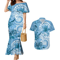 Polynesian Hibiscus Flower Tribal Couples Matching Mermaid Dress and Hawaiian Shirt Blue Color LT9 Blue - Polynesian Pride