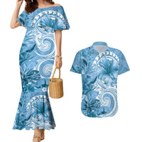 Polynesian Hibiscus Flower Tribal Couples Matching Mermaid Dress and Hawaiian Shirt Blue Color LT9 Blue - Polynesian Pride