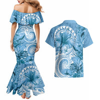 Polynesian Hibiscus Flower Tribal Couples Matching Mermaid Dress and Hawaiian Shirt Blue Color LT9 - Polynesian Pride