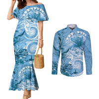 Polynesian Hibiscus Flower Tribal Couples Matching Mermaid Dress and Long Sleeve Button Shirt Blue Color