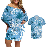 Polynesian Hibiscus Flower Tribal Couples Matching Off Shoulder Short Dress and Hawaiian Shirt Blue Color LT9 Blue - Polynesian Pride
