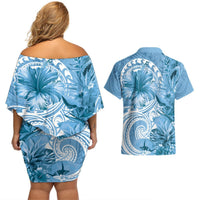 Polynesian Hibiscus Flower Tribal Couples Matching Off Shoulder Short Dress and Hawaiian Shirt Blue Color LT9 - Polynesian Pride