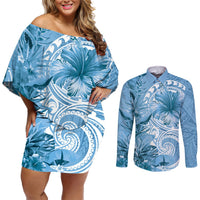 Polynesian Hibiscus Flower Tribal Couples Matching Off Shoulder Short Dress and Long Sleeve Button Shirt Blue Color