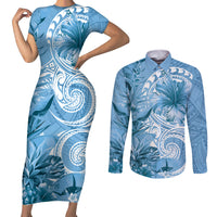 Polynesian Hibiscus Flower Tribal Couples Matching Short Sleeve Bodycon Dress and Long Sleeve Button Shirt Blue Color